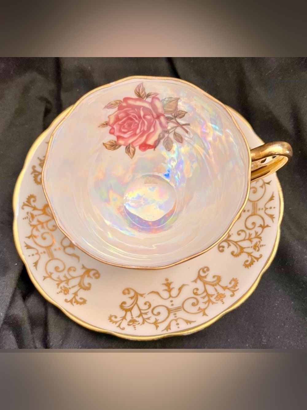 Chase Japan Vintage 1950s Iridescent Rose Gold Gilded Teacup & Saucer MCM Gift